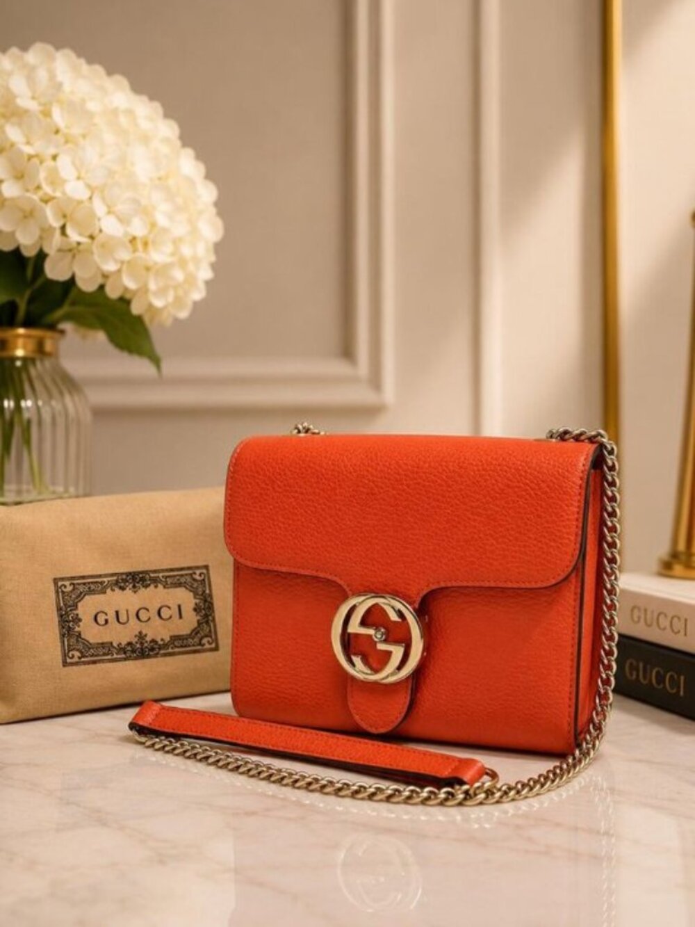 Authentic Gucci Interlocking GG Orange Leather Chain Wallet on Chain WOC Bag